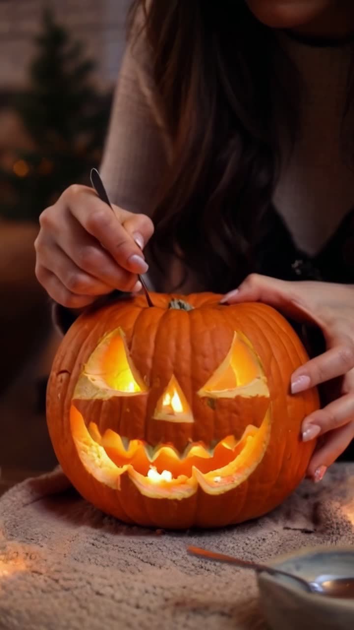 Close-up of a woman's hands as she prepares a pumpkin for Halloween