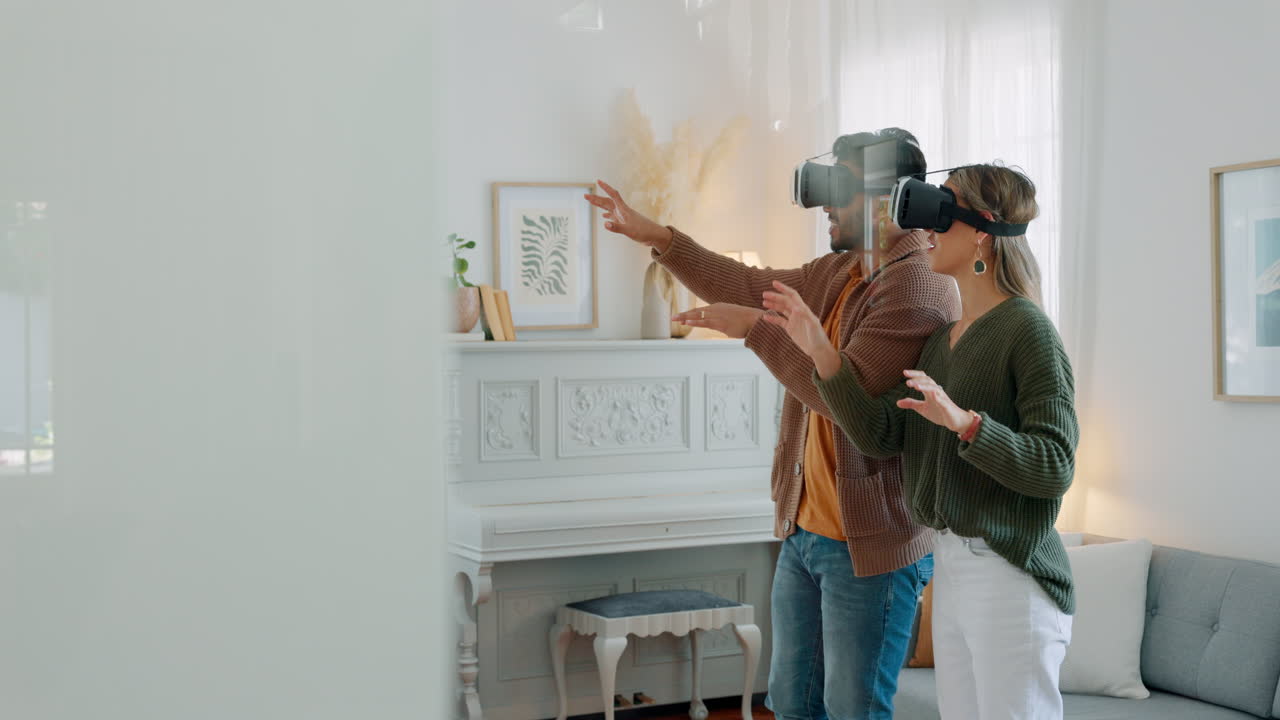 vr 게임, 젊은 커플과 가상 헤드 ⁇