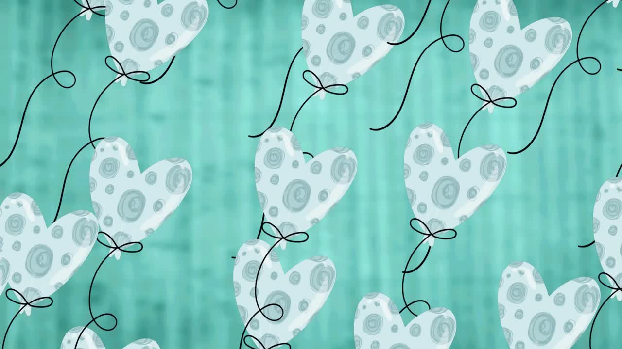 파란색 바탕 위를 날아다니는 파란색 심장 풍선의 애니메이션