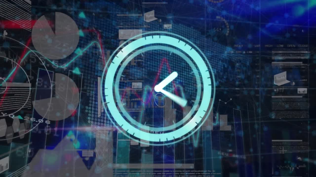 Animation of neon ticking clock over statistical and stock market data processing on blue background