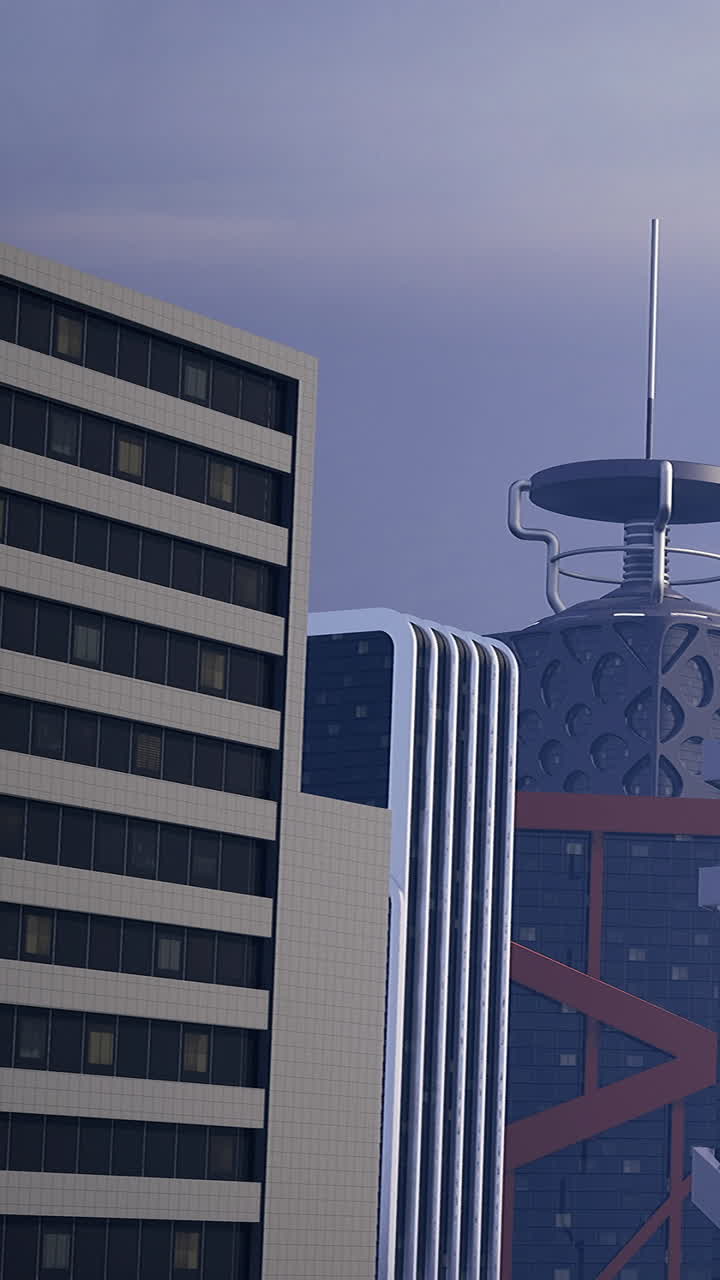 Vista di edifici moderni in una città al tramonto con una silhouette dello skyline.