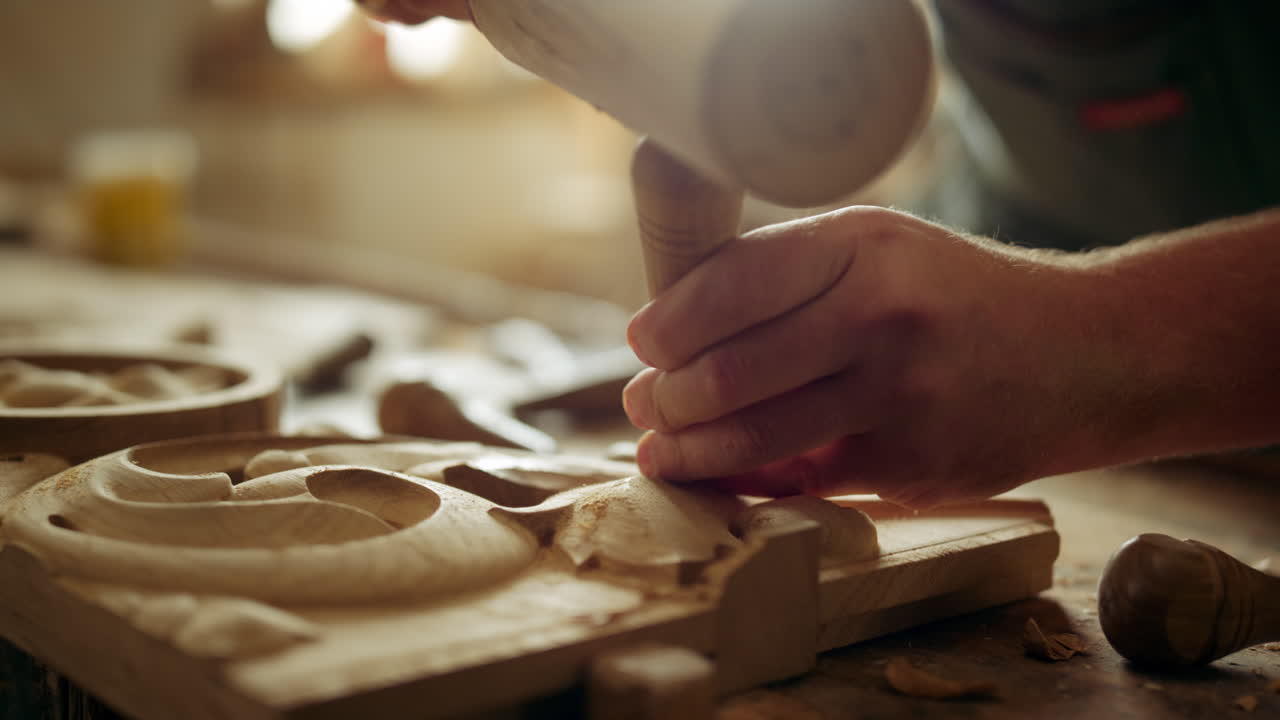 Unknown man decorating wood indoors. Guy carving ornament in carpentry workshop