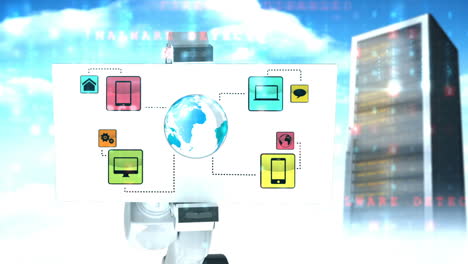 digitally generated video of white robotic arm holding card with networking icon