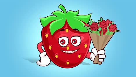 cartoon strawberry face animation give a bouquet of flowers with alpha matte