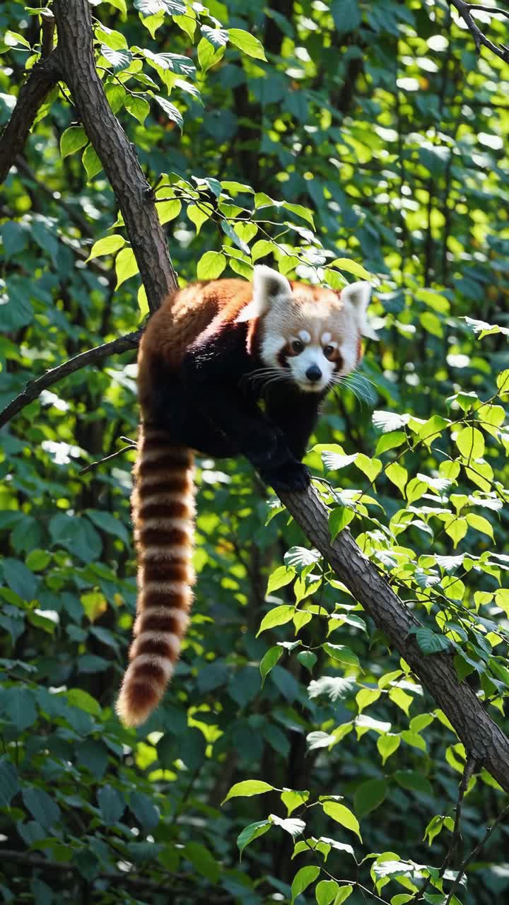 A red panda perched on a tree branch, captured from a low-angle, showcasing lush greenery