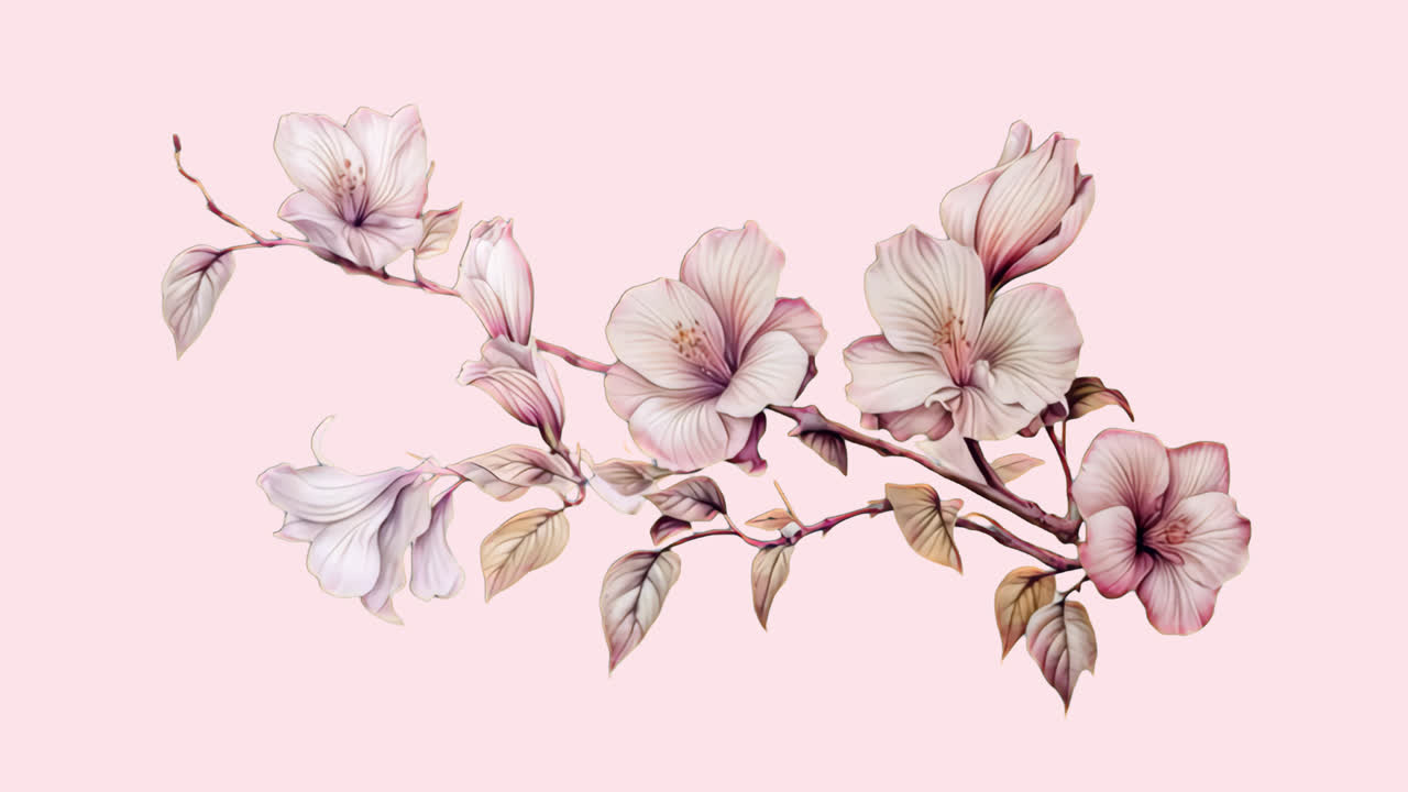Elegant floral branch illustration animation isolated asset, transparent 4K video, alpha channel