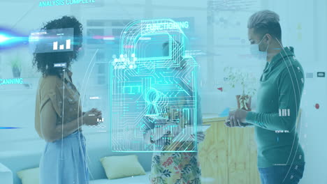 el video digital muestra el candado, las estadísticas, los colegas enmascarados para la protección contra la covid-19.