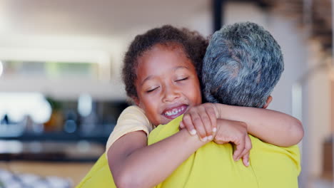 happy, grandmother or child hug in home