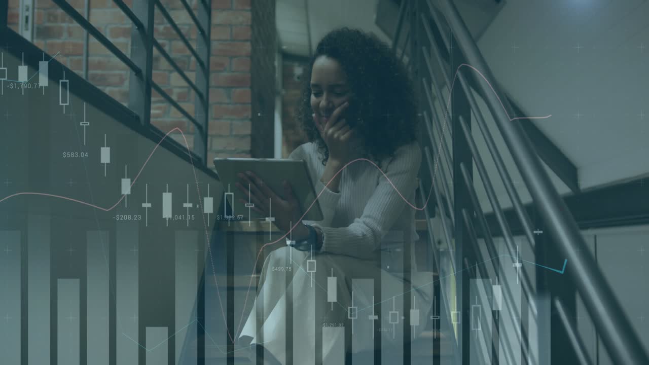 Animation of statistics and financial data processing over businesswoman in office