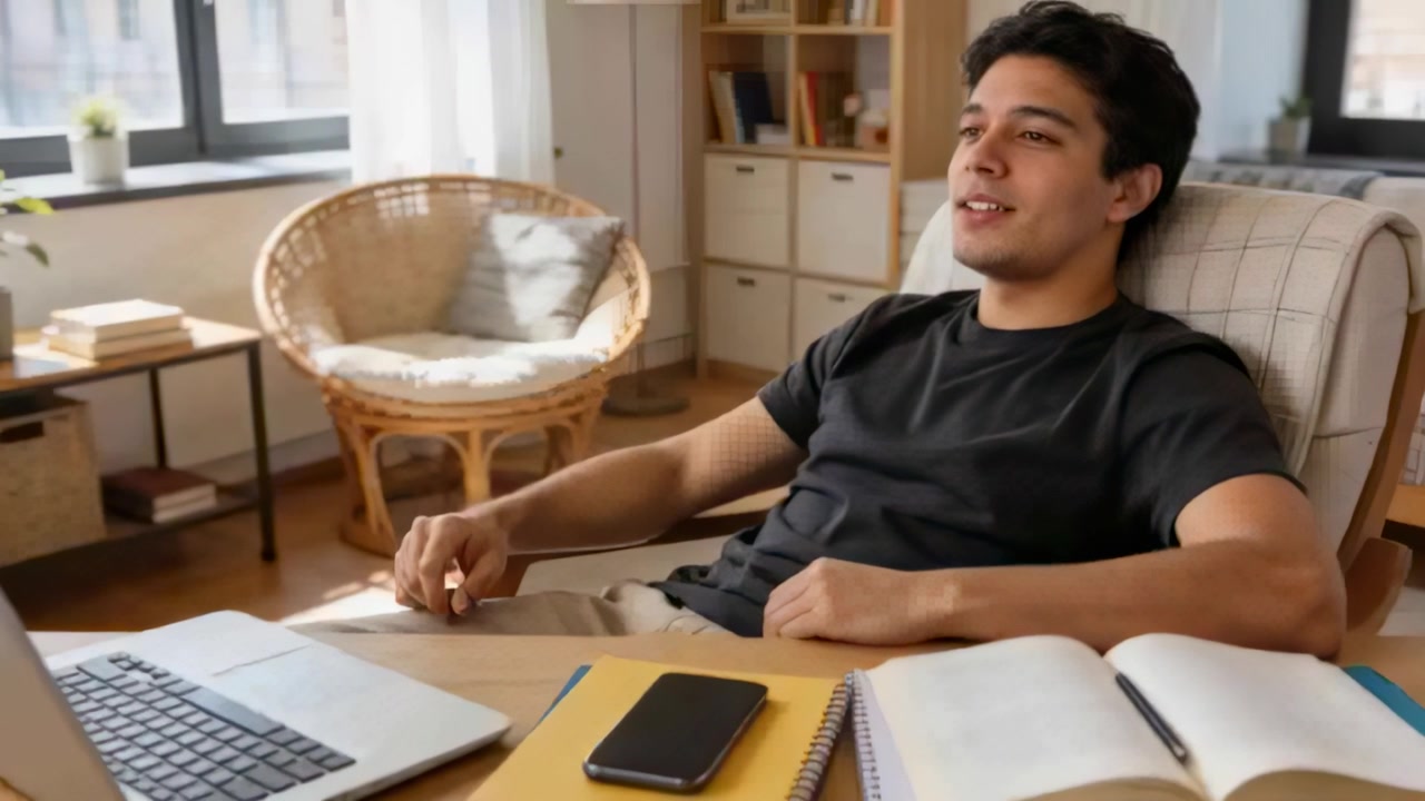 Leaning back, responding to laptop call, male adult wearing dark tee, light pants gesturing at desk