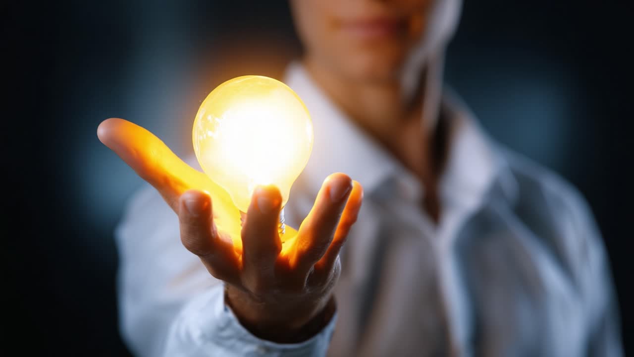 A person holds a glowing light bulb in their hand, symbolizing creativity, innovation, and new ideas, with a dark background enhancing its luminous effect