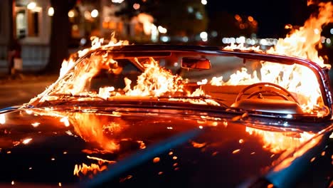 a car is engulfed by flames on the street at night