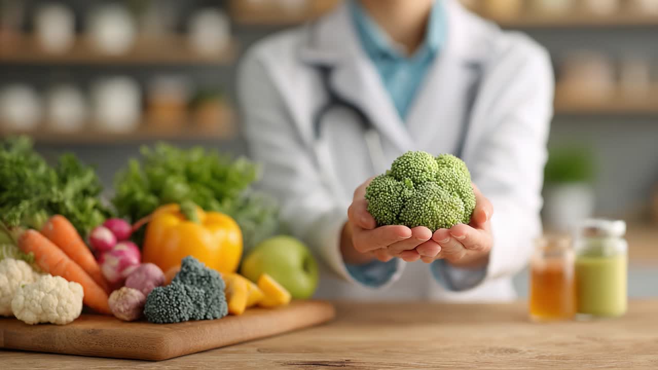 A Health Professional Demonstrates the Importance of Broccoli and Fresh Vegetables for a Balanced Diet, Highlighting Nutrition in Everyday Life