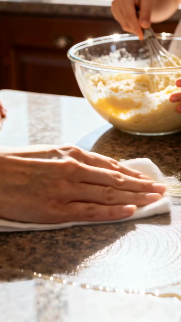 Video verticale: Notando una fuoriuscita, due mani puliscono il bancone con un panno mentre l'altra sbatte la pastella a casa.