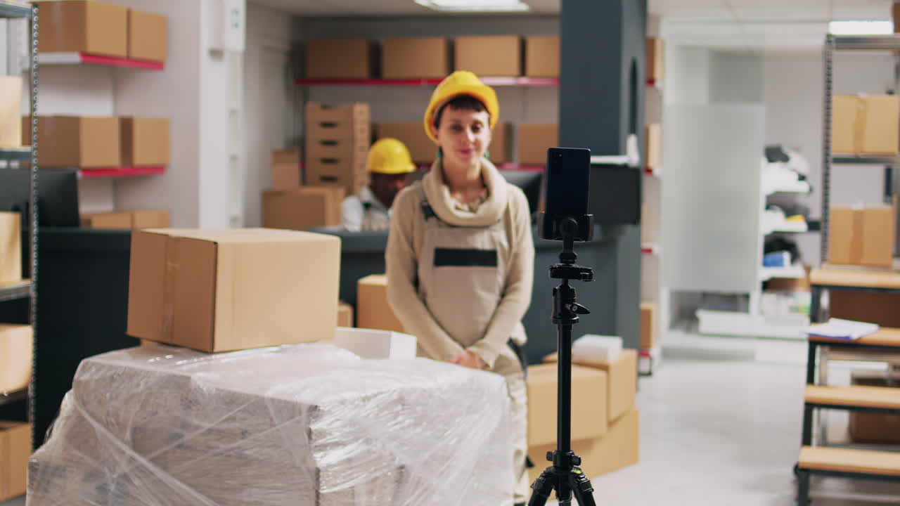 Warehouse employees streaming with mobile phone