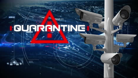 word quarantine written over triangle warning road sign with cameras moving