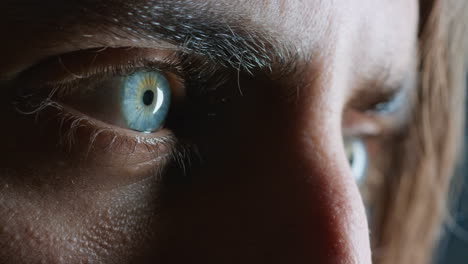 close up macro blue eyes opening young man looking at light reflecting on iris healthy eyesight optometry concept