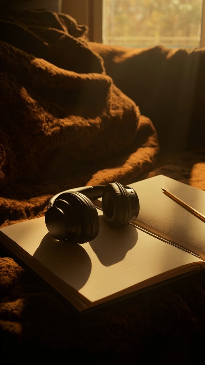 Sunlit Notebook And Headphones On Blanket, Warm Golden Light Through Window, Open Journal With Pencil Casting