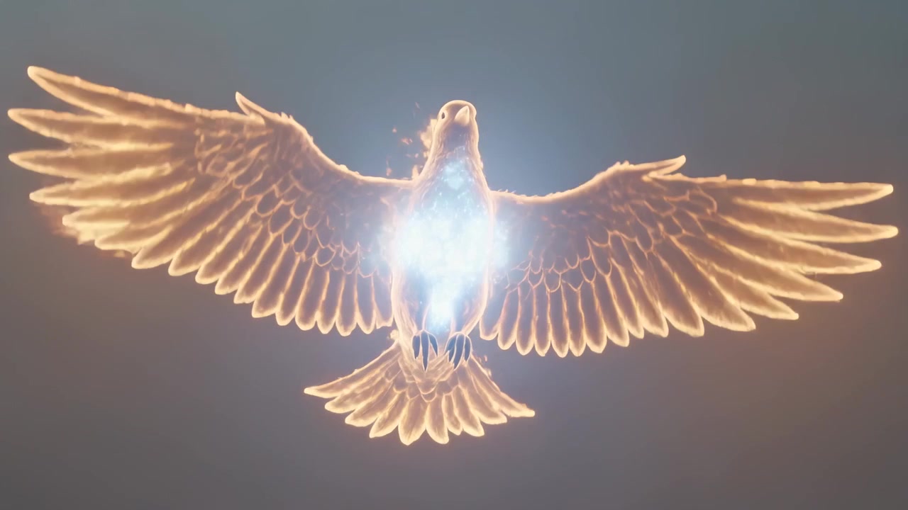 Appearing gold-edged dove expanding wings in dark void, charging blue-white chest core and embers