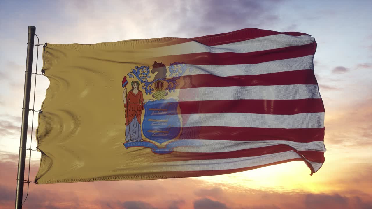 뉴저지와 미국 발은 발 기둥에 있습니다. 미국과 뉴저지 혼합 발이 바람에 흔들리고 있습니다.