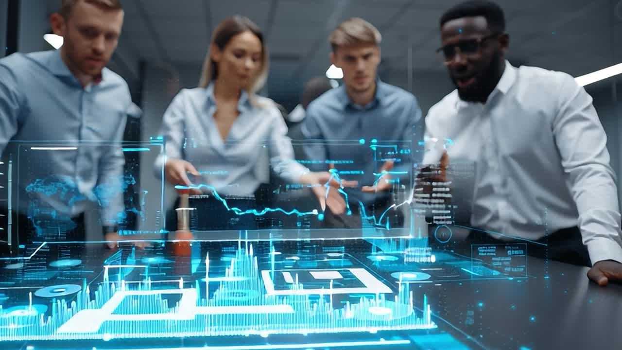 Business professionals analyzing data in a modern office environment