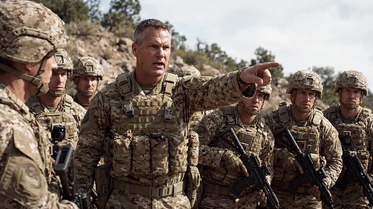Un'esercitazione militare che raffigura soldati impegnati in movimenti tattici e leadership durante un'esercitazione in un ambiente esterno impervio