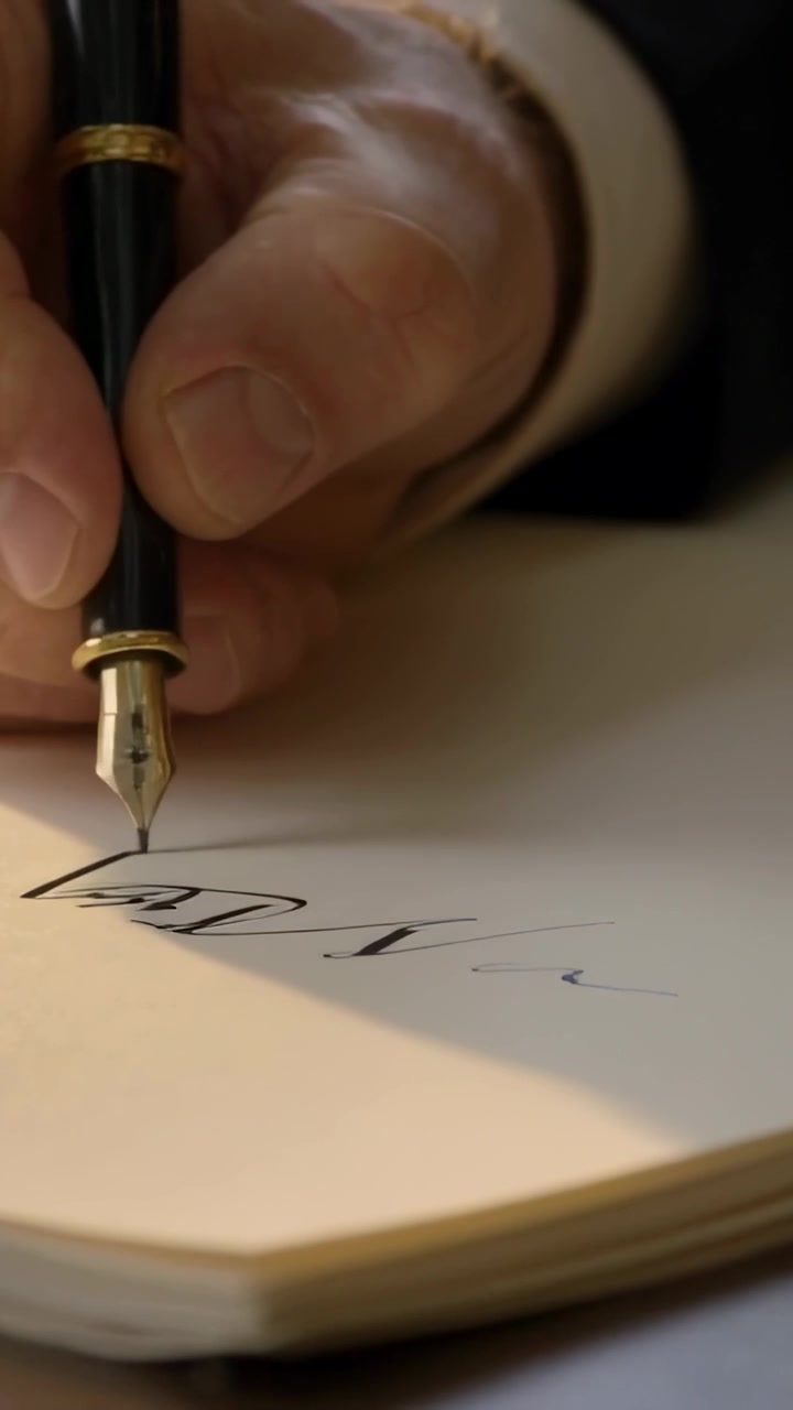 Video vertical: Tocando papel, mano derecha con puño de traje firmando un cuaderno en el escritorio con una pluma estilográfica.