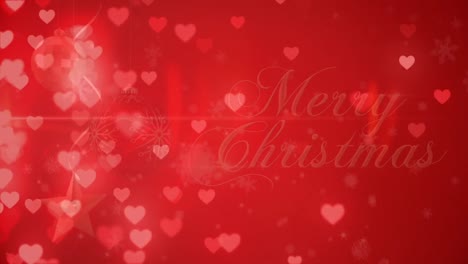 Animation-of-glowing-heart-icons-floating-over-merry-christmas-text-banner-and-christmas-decorations