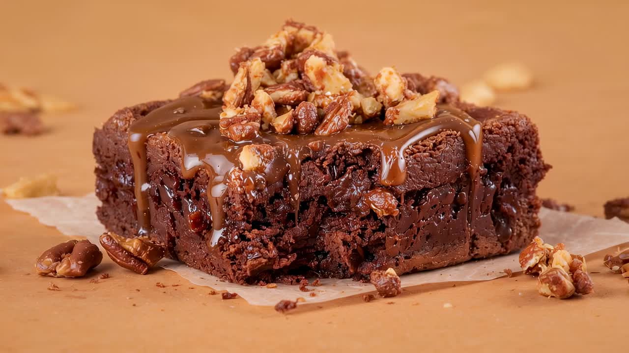 Zoomer inn, kameraet avslører firkantet brownie på brunt bord med nøtter som viser karamellglans