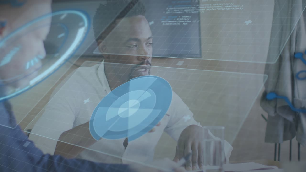 Data analyst reaching forward palm down manipulating holographic charts for technology review