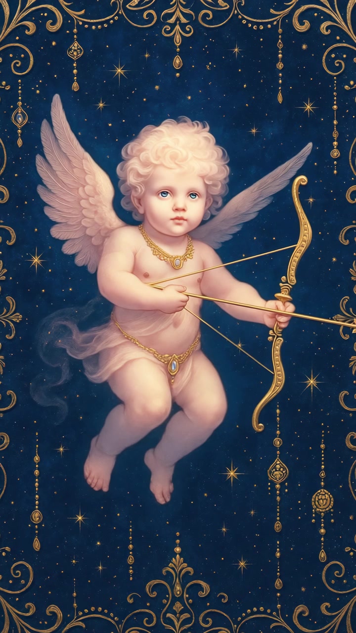 Cupid Angel Holding a Golden Bow Against a Starry Night Sky