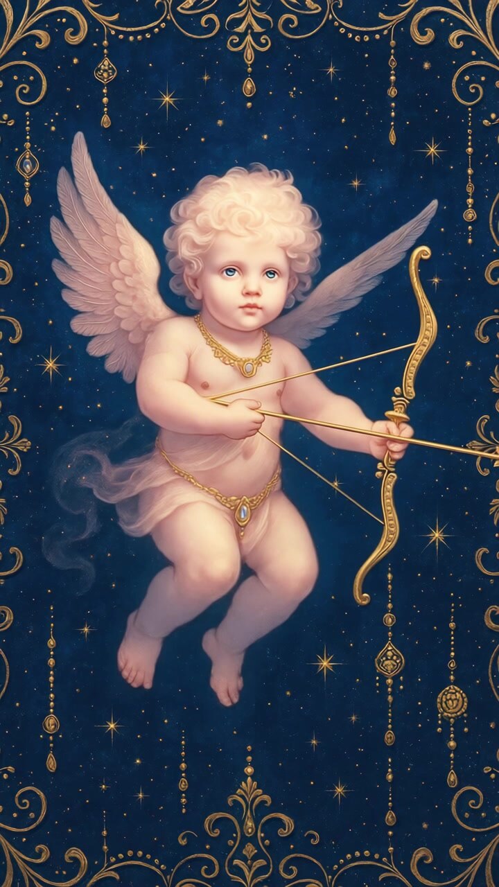 Cupid Angel Holding a Golden Bow Against a Starry Night Sky