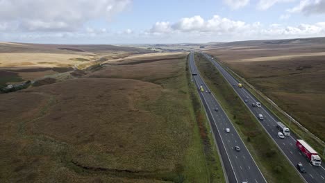 aerial footage of the m62 motorway at its summit, the highest motorway in england