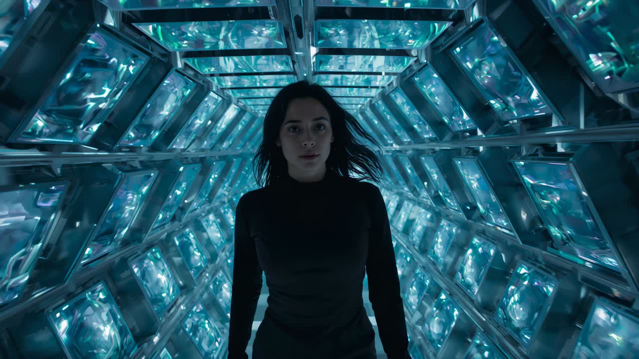 Mulher caminhando em um túnel estreito, usando blusa preta de manga comprida justa, aproximando-se da câmera, com módulos iluminados