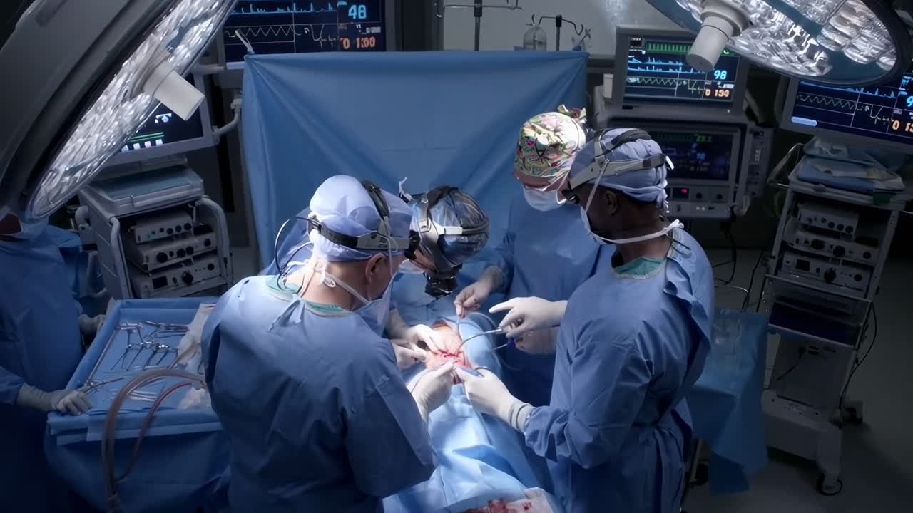 Angolazione dall'alto riprende chirurghi in azione durante un'operazione, simile a una scena video medica.