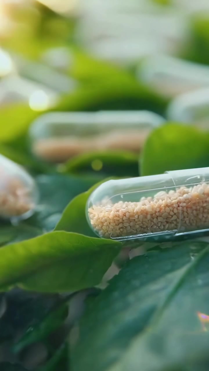 Capsule trasparenti riempite di granuli adagiate su foglie verdi