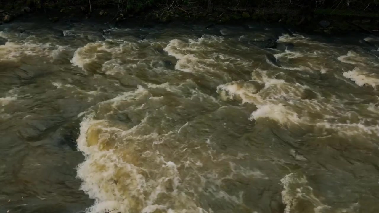 Бурная мутная вода бурлит и пенится в быстротекущей реке. На поверхности видны сильные течения и небольшие волны, поскольку вода быстро движется вниз по течению через естественную среду