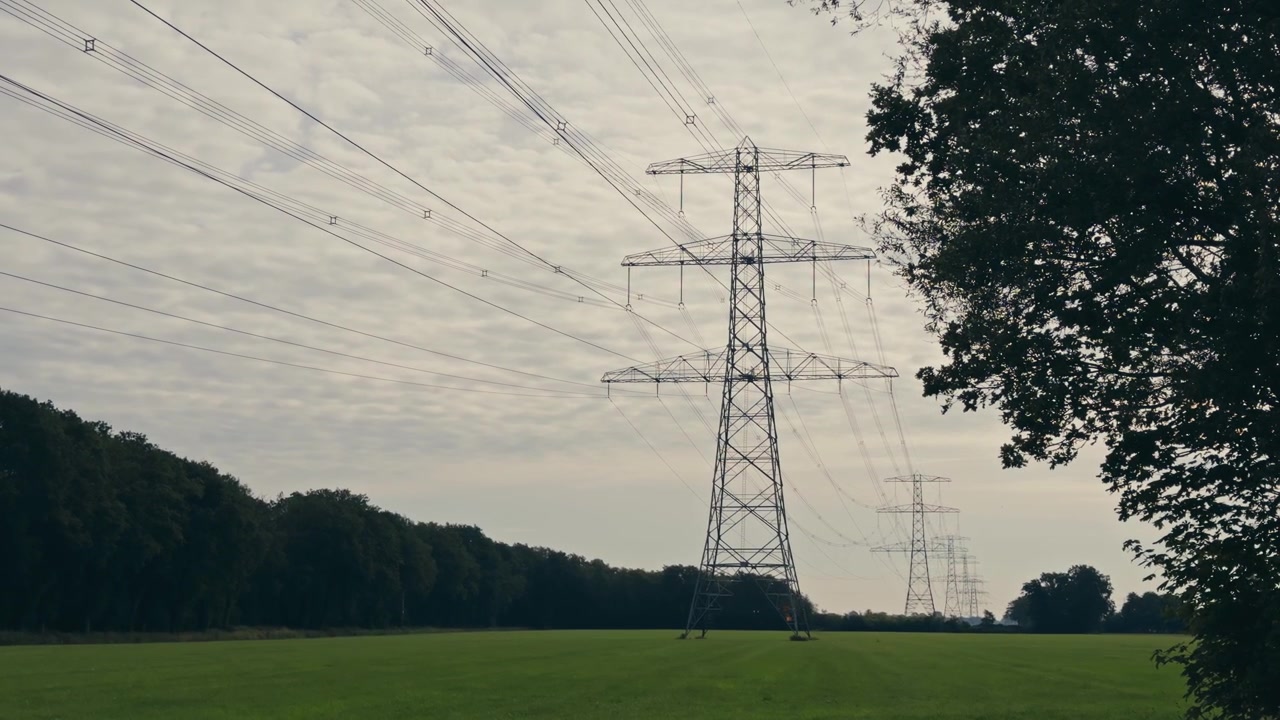 森に囲まれた緑の農地を横切る送電鉄塔を示す、地面からの広角ローアングルショット。自然と産業インフラの強い対比。
