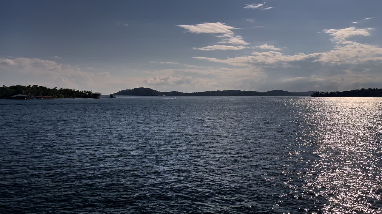 Sunlight Reflecting On Calm Waters Of Bocas del Toro In Panama. wide shot