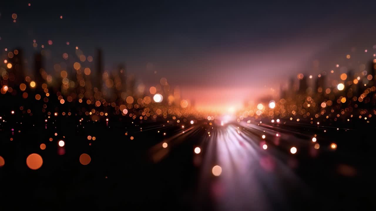 Un viaggio accattivante attraverso scie di luce vibranti e particelle luminose su un paesaggio stradale urbano al crepuscolo, per un'esperienza visiva incantevole
