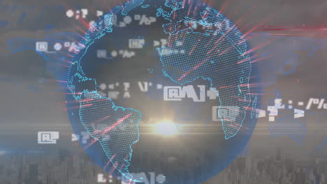 Animación-Del-Procesamiento-De-Datos-Con-Globo-Terráqueo-Y-Mapa-Mundial-Sobre-El-Paisaje-Urbano