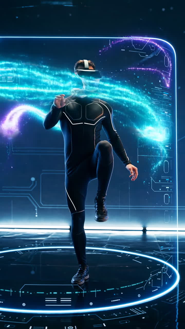 Uomo che si allena in realtà virtuale con una tuta tecnologica futuristica