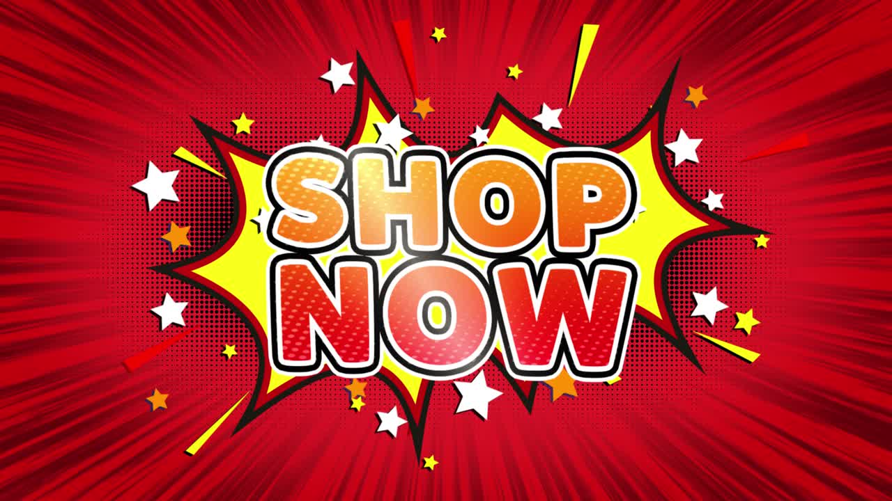 Shop now text pop art style expression retro comic bubble expression cartoon illustration sale