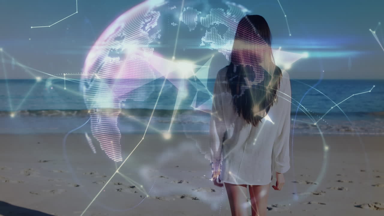 анимация сети соединений и глобуса над практикой ходьбы по пляжу