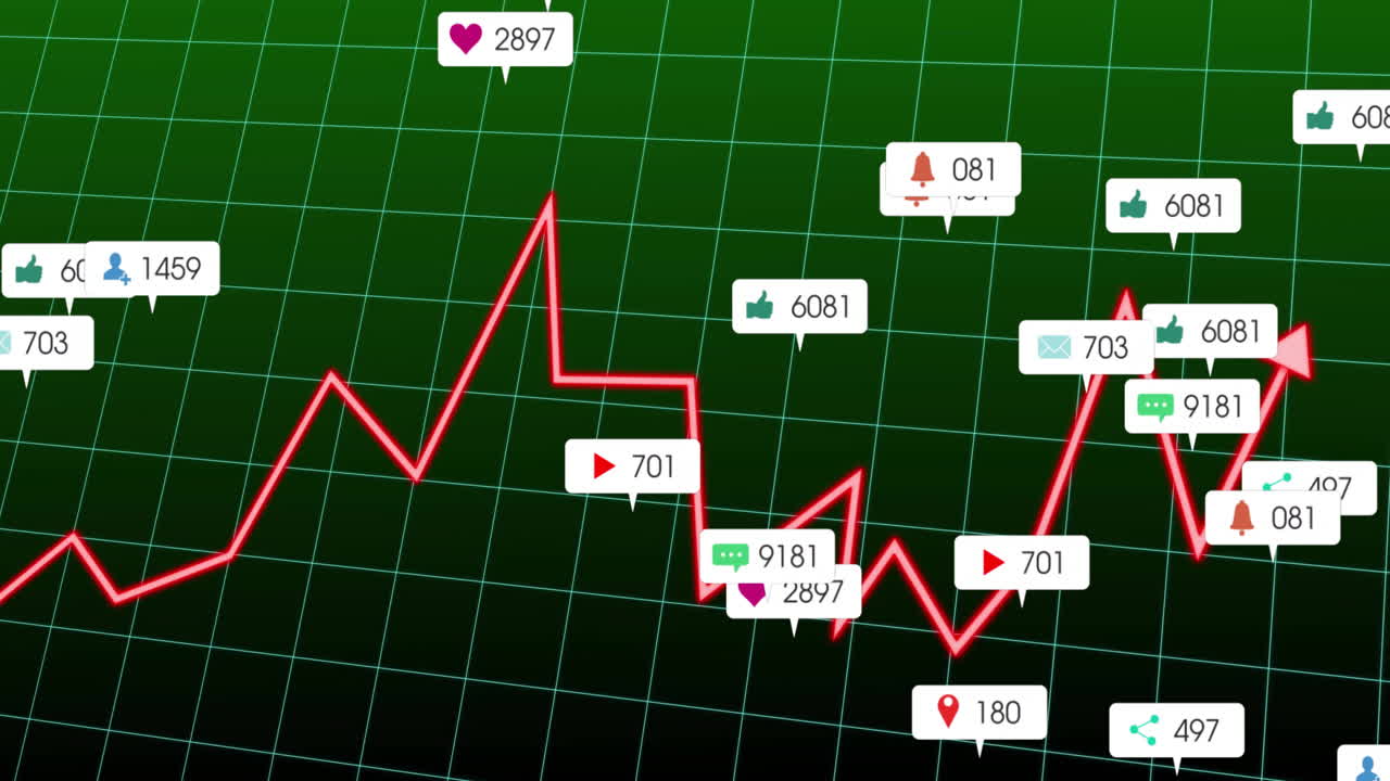 Data visualization showing neon red line trending across green grid, overlaying social media icons