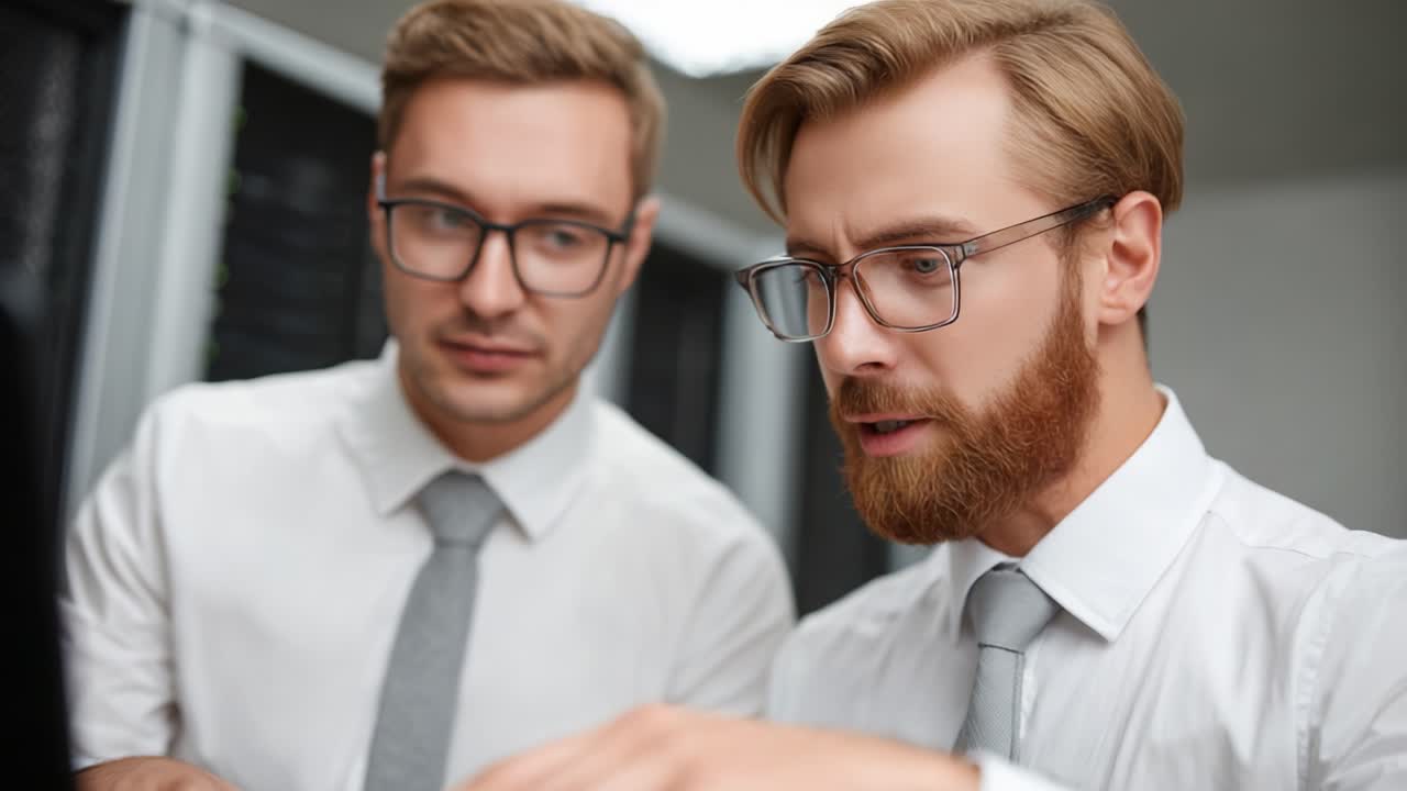 Two Professionals Collaborate in a Modern Office Environment, Analyzing Data on a Computer Screen with Focus and Attention, Showcasing Teamwork and Technology