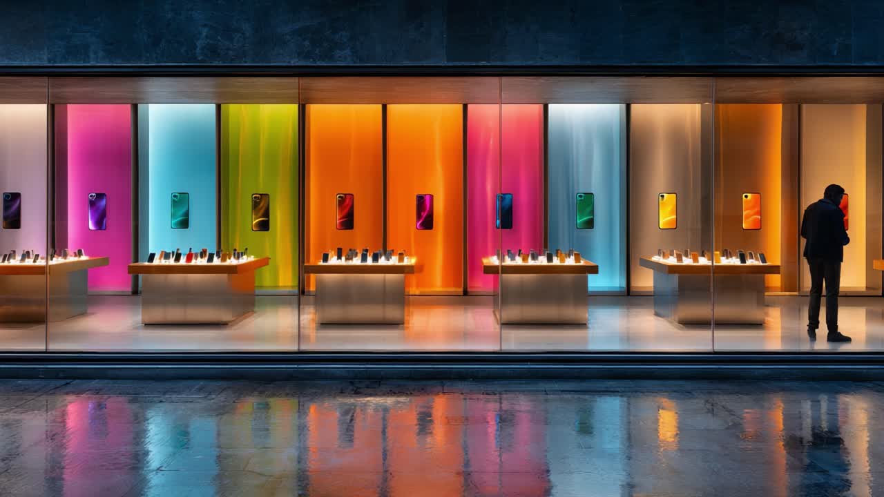 An Ultra-Modern Retail Space Showcasing Smartphones in a Vibrant Colorful Environment with Innovative Display Designs and Sleek Aesthetics Captivating Customers from Outside