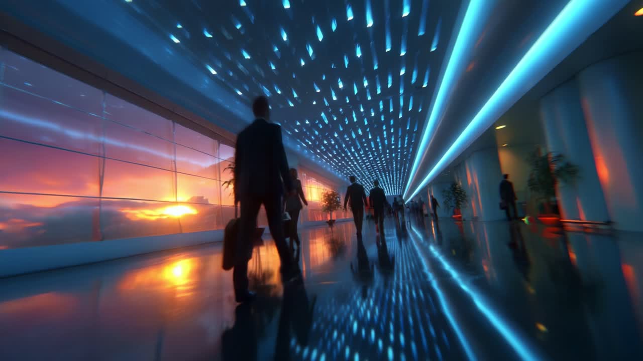 A Stunning Urban Environment Reflecting Glowing Lights and Silhouettes in a Modern Corridor, Capturing the Essence of Busy Professionals and Dynamic Architecture Amidst a Dazzling Sunset