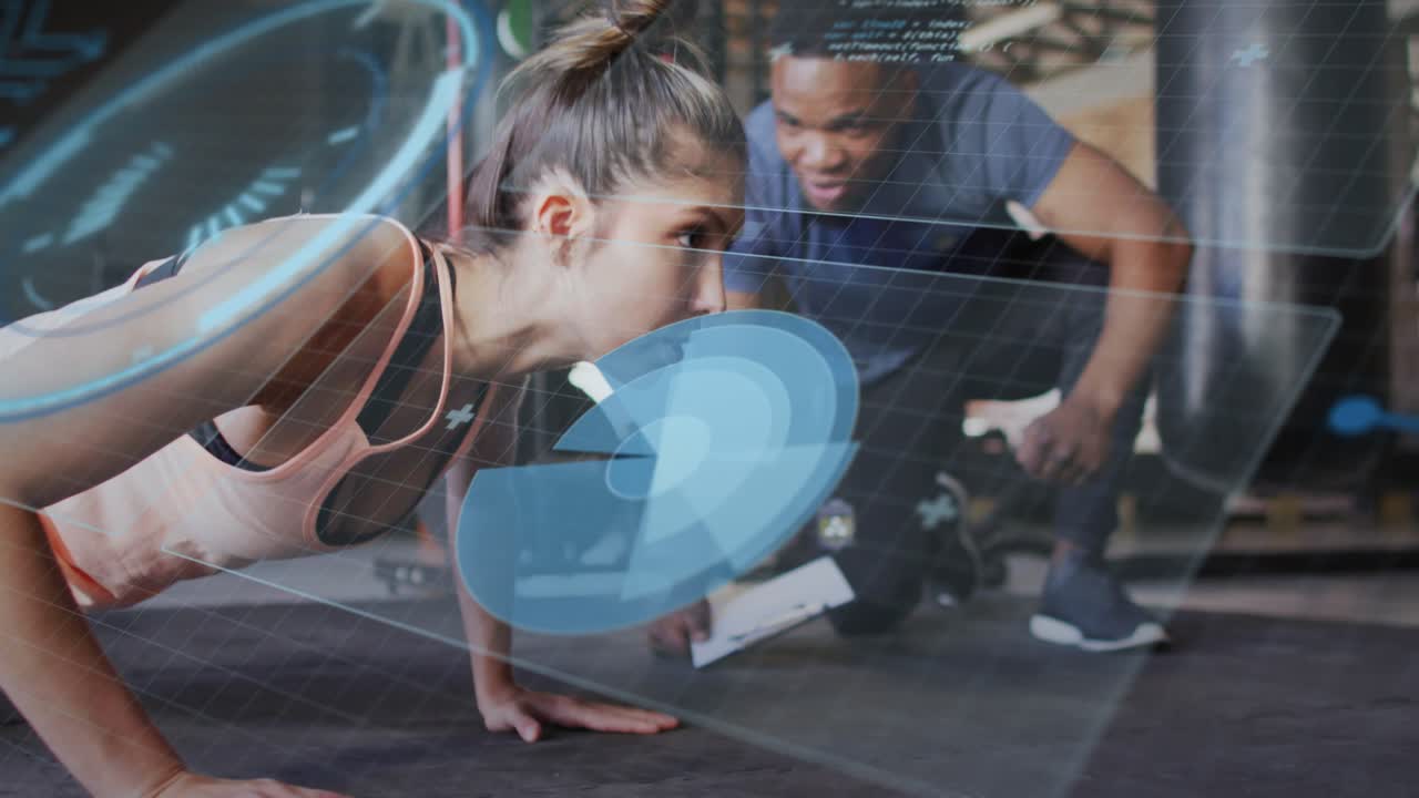 Female client starting push-ups on mat, gym trainer coaching form while blue UI tracking rep data