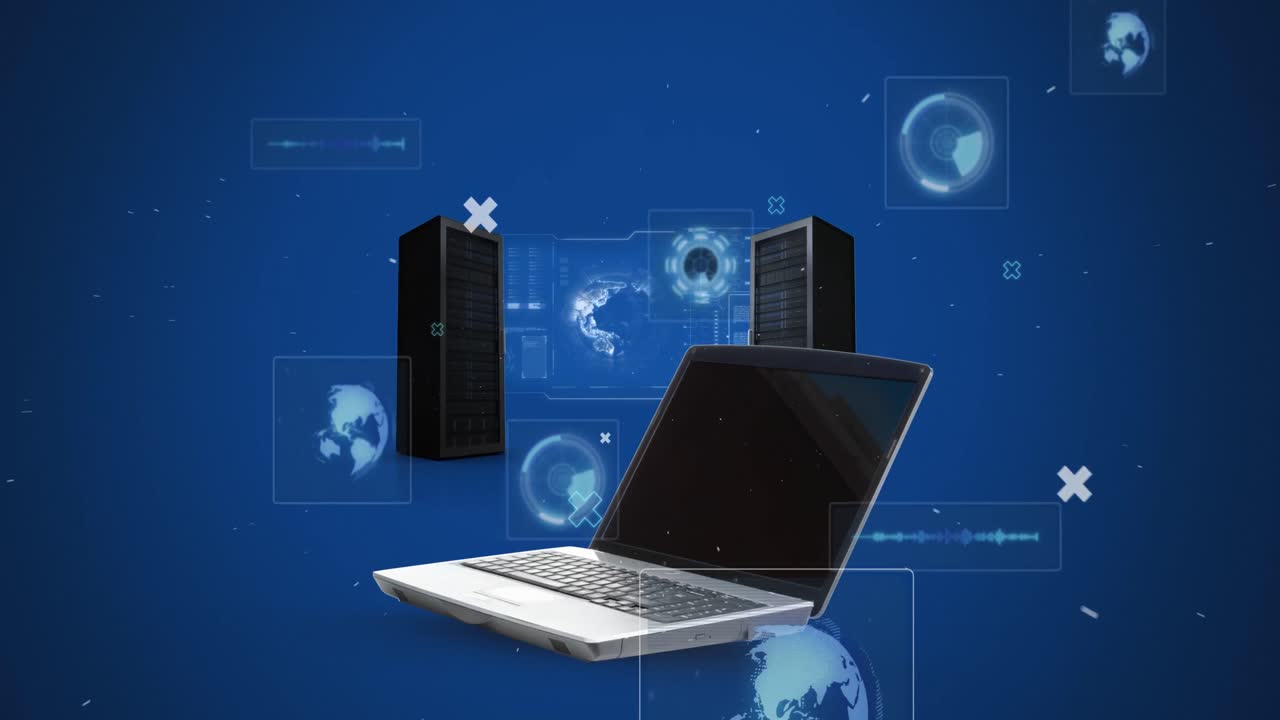 animación del escaneo del alcance y el procesamiento de datos en pantallas sobre computadoras portátiles y servidores